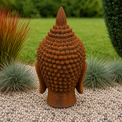 RUSTIGO Shiva-Kopf mit echter Rostpatina – Handveredelte Steinfigur für Garten und Terrasse