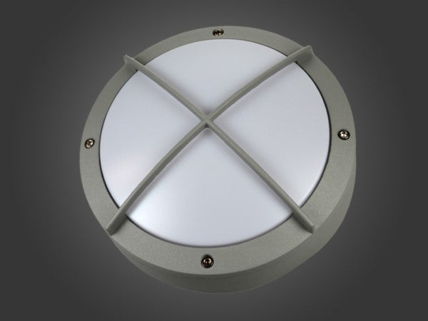 Moderne runde LED Wandlampe für den Außenbereich mit robustem Schutzgitter