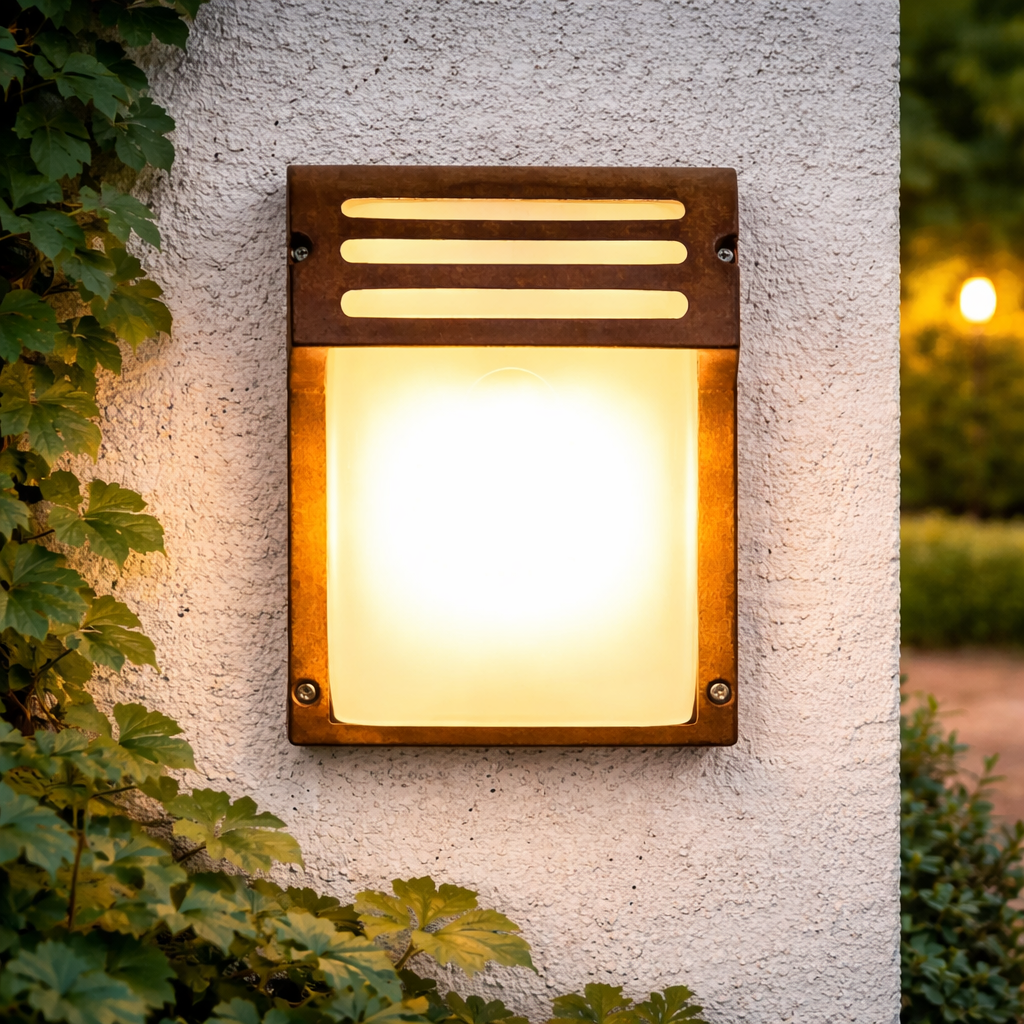 Außenwandleuchte im Edelrost-Design – Metall & Glas, IP44, 230V